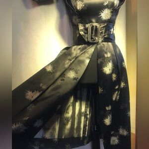 Alfred Shaheen 50’s 2-piece Cocktail Dress, S/XS Black&Pearl Satin Silk Brocade